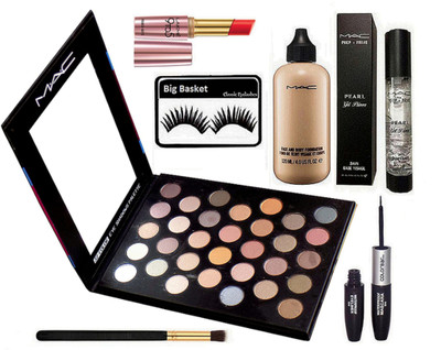 big Basket Eyelashes, Mac 32 Professional Makeup Multi Colour Eye Shadows Palette, Brush, Prep+Prime Pearl Gel Primer, Face & Body Foundation, Coloerbar 2in1 Mascara & Eyeliner, 9to5 Matte Lipstick(Set of 7)
big Basket Eyelashes, Mac 32 Professional Makeup Multi Colour Eye Shadows Palette, Brush, Prep+Prime Pearl Gel Primer, Face & Body Foundation, Coloerbar 2in1 Mascara & Eyeliner, 9to5 Matte Lipstick(Set of 7)