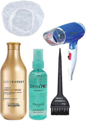 Pro longwear combo Hair Brush&Shower Cap, L'oreal Professional Lipidium Absolut Repair Shampoo, Streax Pro Hair Serum, Nova Hair Dryer(Set of 5)
Pro longwear combo Hair Brush&Shower Cap, L'oreal Professional Lipidium Absolut Repair Shampoo, Streax Pro Hair Serum, Nova Hair Dryer(Set of 5)
