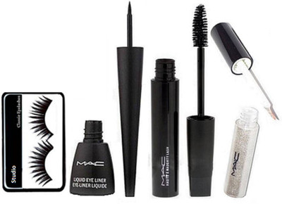 studio Eyelashes, Mac Liquid Eyeliner, Houte and Naughty Mascara, With Gliter Eyeliner(Set of 4)