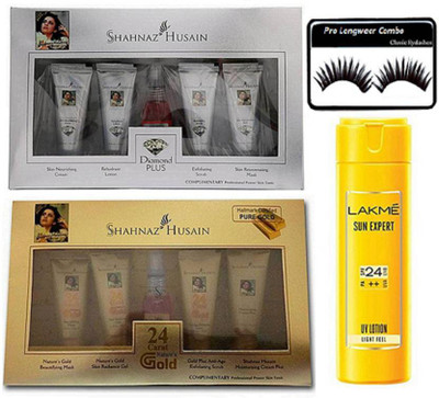 Pro longwear combo Eyelashes With Shahnaz hussain Gold And Diamond Facial Kit With Sun Expert lotion(Set of 4)