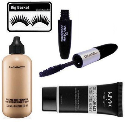 big basket Eyelashes, Mac Face and Body Foundation, Nyx perfect Face Primer Gel and Colorbar Eyeliner And mascara 2 in 1(Set of 4)
big basket Eyelashes, Mac Face and Body Foundation, Nyx perfect Face Primer Gel and Colorbar Eyeliner And mascara 2 in 1(Set of 4)