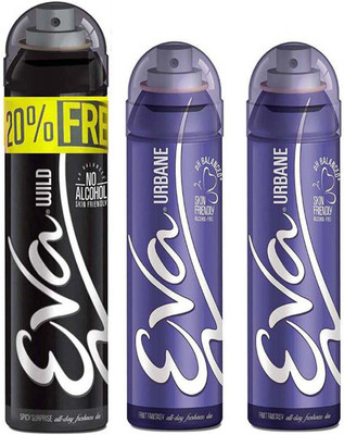 EVA Deodorant Spray 20% FREE With 1 WILD (125ml+25ml) + 2 URBANE (125ml) No Alcohal, Skin Friendly Pack Of 3 Deodorant Spray - For Women(375 ml, Pack of 3)
EVA Deodorant Spray 20% FREE With 1 WILD (125ml+25ml) + 2 URBANE (125ml) No Alcohal, Skin Friendly Pack Of 3 Deodorant Spray - For Women(375 ml, Pack of 3)