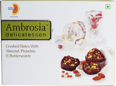 AMBROSIA DELICATESSEN Crushed Dates with Almond, Pistachio and Butterscotch Dates(250 g, Box)
AMBROSIA DELICATESSEN Crushed Dates with Almond, Pistachio and Butterscotch Dates(250 g, Box)