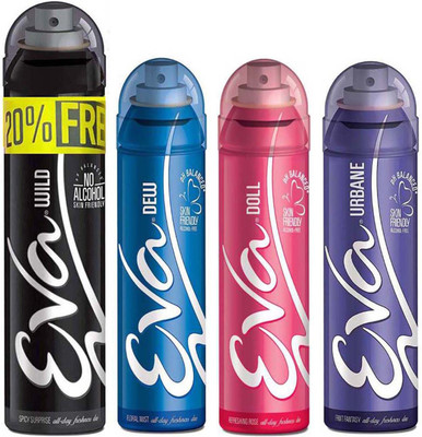 EVA Deodorant Spray Wild deo 125ml+25ml with 20% Extra, Dew deo 125ml, Doll deo 125ml, Urbane deo 125ml - Combo 4 Deodorant Spray - For Women(500 ml, Pack of 4)
EVA Deodorant Spray Wild deo 125ml+25ml with 20% Extra, Dew deo 125ml, Doll deo 125ml, Urbane deo 125ml - Combo 4 Deodorant Spray - For Women(500 ml, Pack of 4)