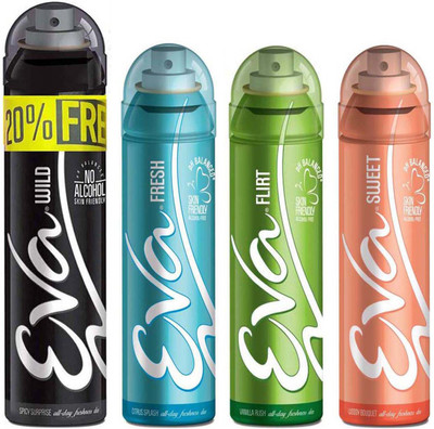 EVA Deodorant Spray Wild deo 125ml+25ml with 20% Extra, Flirt deo 125ml, Fresh deo 125ml, Sweet deo 125ml - Combo 4 Deodorant Spray - For Women(500 ml, Pack of 4)
EVA Deodorant Spray Wild deo 125ml+25ml with 20% Extra, Flirt deo 125ml, Fresh deo 125ml, Sweet deo 125ml - Combo 4 Deodorant Spray - For Women(500 ml, Pack of 4)
