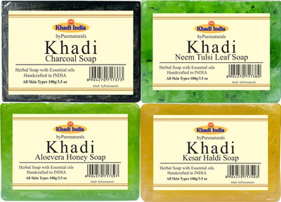 khadi Bypurenaturals Charcoal + Neem Tulsi Leaf + Aloevera Honey + Kesar Haldi Soap - 100gm (1x4 Gift Combo)(400 g, Pack of 4)
khadi Bypurenaturals Charcoal + Neem Tulsi Leaf + Aloevera Honey + Kesar Haldi Soap - 100gm (1x4 Gift Combo)(400 g, Pack of 4)