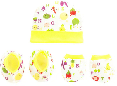 Pebbles Combo Of Cotton Cap, Mitten, Bootie 0-12 Month Baby Pack Of-3(Yellow)