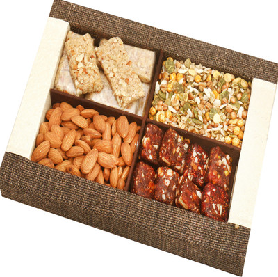 Ghasitaram Gifts Diwali Gifts - Hampers Jute Almonds, Roasted Protein Namkeen, Granola Bars and Sugarfree Dates Figs Bites Tray Combo(5)
Ghasitaram Gifts Diwali Gifts - Hampers Jute Almonds, Roasted Protein Namkeen, Granola Bars and Sugarfree Dates Figs Bites Tray Combo(5)