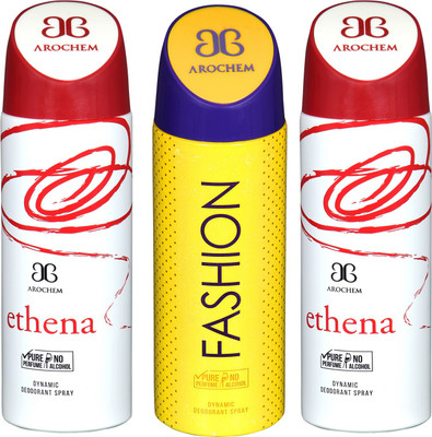 arochem ETHENA AND FASHION AND ETHENA 3 PACK COMBO DYNAMIC DEODORANT SPRAY Deodorant Spray - For Men & Women(600 ml, Pack of 3)
arochem ETHENA AND FASHION AND ETHENA 3 PACK COMBO DYNAMIC DEODORANT SPRAY Deodorant Spray - For Men & Women(600 ml, Pack of 3)