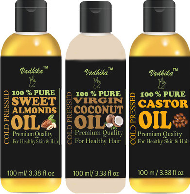 Vadhika Cold Pressed Castor oil, Sweet Almonds Oil and Virgin Coconut oil Combo pack of 3 bottle of 100 ml(300 ml) Hair Oil(300 ml)
Vadhika Cold Pressed Castor oil, Sweet Almonds Oil and Virgin Coconut oil Combo pack of 3 bottle of 100 ml(300 ml) Hair Oil(300 ml)