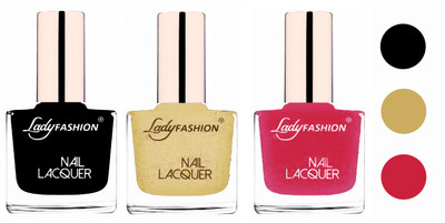 Lady Fashion Extra Shine Extra Long Stay Chip Resistant Nail Polish (Set Of 3) Black,Mettalic Gold,Mettalic Pink(Pack of 3)
Lady Fashion Extra Shine Extra Long Stay Chip Resistant Nail Polish (Set Of 3) Black,Mettalic Gold,Mettalic Pink(Pack of 3)
