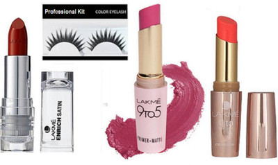Professional kit Eyelashes,9 To 5 Matte Finish Lipstick Pack Of 2, Enrich Lipstick(Set of 4)