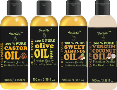 Vadhika Premium Virgin Coconut oil, Olive Oil and Castor oil and Sweet Almond oil Combo of 4 bottles of 100 ml(400ml) Hair Oil(400 ml)
Vadhika Premium Virgin Coconut oil, Olive Oil and Castor oil and Sweet Almond oil Combo of 4 bottles of 100 ml(400ml) Hair Oil(400 ml)