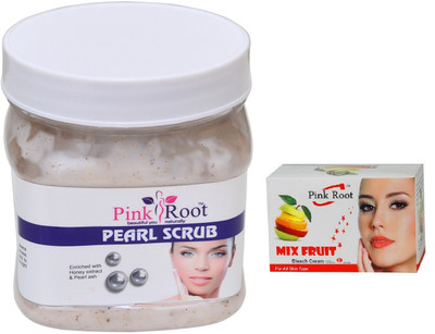 Pink Root PEARL SCRUB 500ML WITH MIX FRUIT BLEACH 50G(Set of 2)