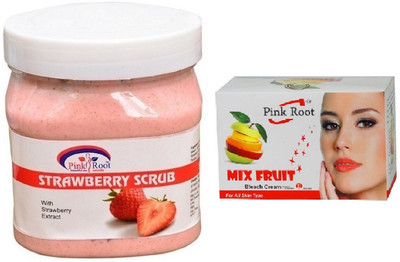 Pink Root STRAWBERRY SCRUB 500ML WITH MIX FRUIT BLEACH 50G(Set of 2)