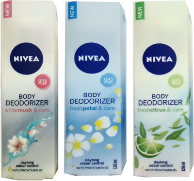 Nivea WHITE MUSK & CARE BODY DEODORIZER 120ml +FRESH CITRUS & CARE BODY DEODORIZER 120ml +FRESH PETAL & CARE BODY DEODORIZER 120ml Deodorant Spray - For Men & Women(120 ml, Pack of 3)
Nivea WHITE MUSK & CARE BODY DEODORIZER 120ml +FRESH CITRUS & CARE BODY DEODORIZER 120ml +FRESH PETAL & CARE BODY DEODORIZER 120ml Deodorant Spray - For Men & Women(120 ml, Pack of 3)