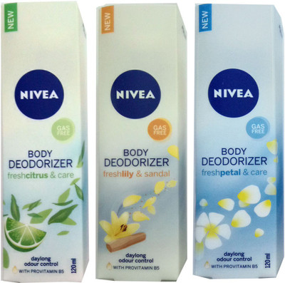 Nivea FRESH PETAL &CARE BODY DEODORIZER 120ml +FRESH LILY & SANDAL BODY DEODORIZER 120ml +FRESH CITRUS & CARE BODY DEODORIZER 120ml Deodorant Spray - For Men & Women(120 ml, Pack of 3)
Nivea FRESH PETAL &CARE BODY DEODORIZER 120ml +FRESH LILY & SANDAL BODY DEODORIZER 120ml +FRESH CITRUS & CARE BODY DEODORIZER 120ml Deodorant Spray - For Men & Women(120 ml, Pack of 3)