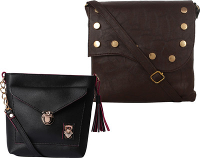 Fillin Cart Women Casual, Evening/Party, Formal Brown, Black PU Sling Bag, Black;brown
