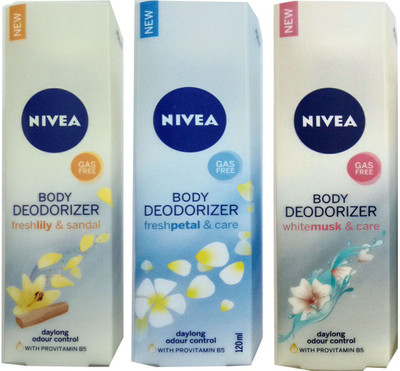 Nivea FRESH PETAL & CARE BODY DEODORIZER 120ml +WHITE MUSK & CARE BODY DEODORIZER 120ml +FRESH LILY & SANDAL BODY DEODORIZER 120ml Deodorant Spray - For Men & Women(120 ml, Pack of 3)
Nivea FRESH PETAL & CARE BODY DEODORIZER 120ml +WHITE MUSK & CARE BODY DEODORIZER 120ml +FRESH LILY & SANDAL BODY DEODORIZER 120ml Deodorant Spray - For Men & Women(120 ml, Pack of 3)