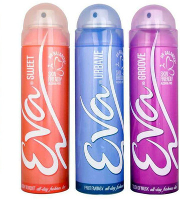 EVA Sweet, Urbane & Groove all day Freshness Deo Perfume Body Spray - For Women(375 ml, Pack of 3)
EVA Sweet, Urbane & Groove all day Freshness Deo Perfume Body Spray - For Women(375 ml, Pack of 3)