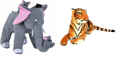 Deals India Mother Elephant With 2 Babies Soft Toy - 38 cm and Brown stuffed tiger animal (32 cm) combo - 38 cm(Multicolor)