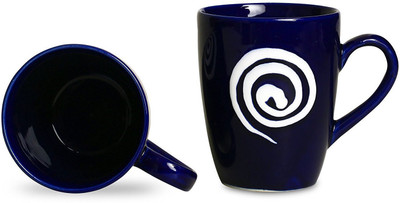 caffeine Coffee Stoneware in Blue With White Doodle (Set of 2) Handmade Ceramic Mug(300 ml, Pack of 2)