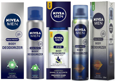 Nivea MEN ENERGY BODY DEODORIZER 120ml +MEN SUMMER FRESH DUO BODY DEODORIZER 100ml +MEN SRPINT BODY DEODORIZER 120ml Deodorant Spray - For Men & Women(120 ml, Pack of 3)
Nivea MEN ENERGY BODY DEODORIZER 120ml +MEN SUMMER FRESH DUO BODY DEODORIZER 100ml +MEN SRPINT BODY DEODORIZER 120ml Deodorant Spray - For Men & Women(120 ml, Pack of 3)