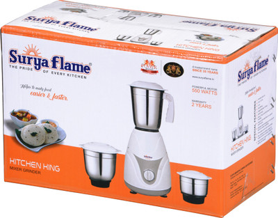 Suryaflame Kitchen King 550 Mixer Grinder(White, 3 Jars)