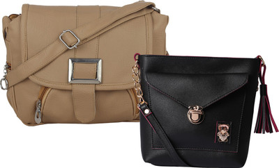 Fillin Cart Women Casual, Evening/Party, Formal Beige, Black PU Sling Bag