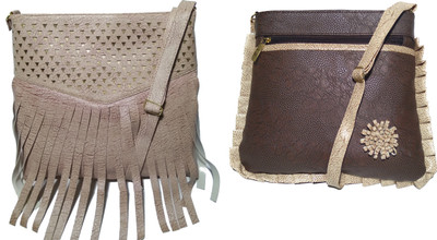 AZED Collections Girls Casual Gold, Brown Rexine Sling Bag, Brown;gold
