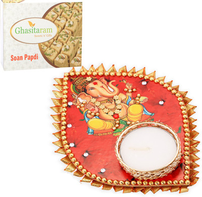 Ghasitaram Gifts Diwali Candles-Ganesha Leaf T-Lite with Soan Papdi Combo Combo(200 g)