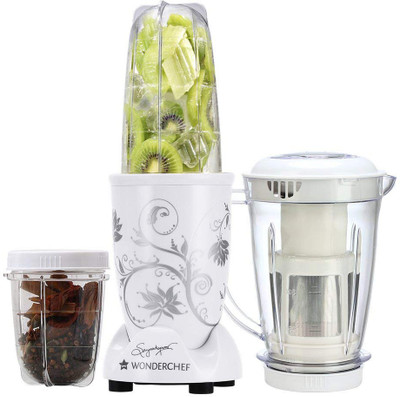 Wonderchef Present Nutri blend White color Comes with 3 interchangeable jars (Big Juicer Jar-750ml, Long Jar-500ml & Short Jar- 300ml) • and 2 separate blades (Grinding Blade & Blending Blade) 400 W Juicer Mixer Grinder(White, 3 Jars)
Wonderchef Present Nutri blend White color Comes with 3 interchangeable jars (Big Juicer Jar-750ml, Long Jar-500ml & Short Jar- 300ml) • and 2 separate blades (Grinding Blade & Blending Blade) 400 W Juicer Mixer Grinder(White, 3 Jars)