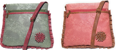 AZED Collections Girls Casual Green, Pink Rexine Sling Bag