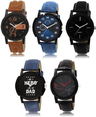 Glamexy New Stylish Leather Watch Combo Pack -5 For Watch - For Men