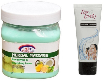 Pink Root HERBAL MASSAGE CREAM 500ML WITH FAIR & LOVELY POLLUTION CLEAN-UP FACE WASH(Set of 2)
Pink Root HERBAL MASSAGE CREAM 500ML WITH FAIR & LOVELY POLLUTION CLEAN-UP FACE WASH(Set of 2)