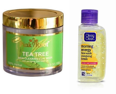 Pink Root TEA TREE MASK 100G WITH CLEAN & CLEAR LEMON FACE WASH(Set of 2)