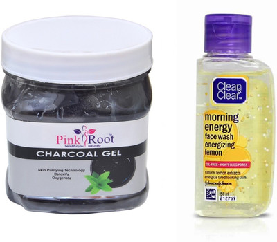 Pink Root CHARCOAL GEL 500ML WITH CLEAN & CLEAR LEMON FACE WASH(Set of 2)