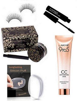 Longlasting Silicon Puff,Eyelashes with Mac Fluid line Gel Eyeliner,Lakme 9to5 CC Colour Transform Cream(Set of 5)
Longlasting Silicon Puff,Eyelashes with Mac Fluid line Gel Eyeliner,Lakme 9to5 CC Colour Transform Cream(Set of 5)
