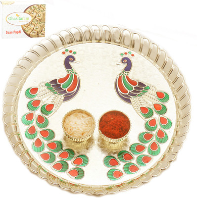 Ghasitaram Gifts Peacock Pooja Thali with 200 gms of Soan Papdi Combo(2)