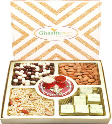Ghasitaram Gifts Chocolates- Ghasitaram Special Almonds, Namkeen, Nutties and Chocolate Box with Mini Pooja Thali Combo(6)
Ghasitaram Gifts Chocolates- Ghasitaram Special Almonds, Namkeen, Nutties and Chocolate Box with Mini Pooja Thali Combo(6)