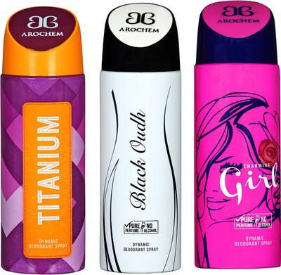 Arochem Titanium & Black Oudh & Charming Girl Combo Pack Dynamic Deodorant Spray Deodorant Spray - For Men & Women(600 ml, Pack of 3)
Arochem Titanium & Black Oudh & Charming Girl Combo Pack Dynamic Deodorant Spray Deodorant Spray - For Men & Women(600 ml, Pack of 3)