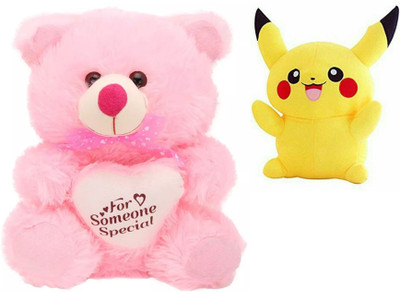 HM Teddy Bear Soft Stuffed Toys For Kids With Pikachu Cartoon Character - 25 cm(Pink, Yellow)