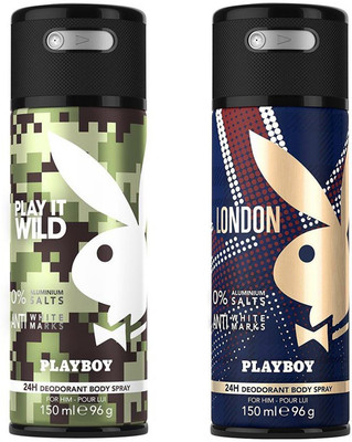 Playboy Wild + London Deodorant Spray - For Men(300 ml, Pack of 2)