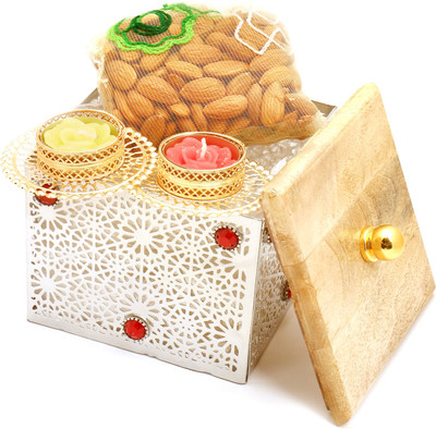 Ghasitaram Gifts Dryfruits hamper-Silver Wooden Box with Almonds Pouch and 2 T-Lites Combo(4)
Ghasitaram Gifts Dryfruits hamper-Silver Wooden Box with Almonds Pouch and 2 T-Lites Combo(4)