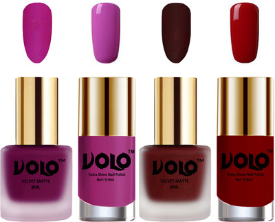 Volo Extra Shine AND Dull Velvet Matte Nail Polish Duo Combo Magenta, Maroon, Bright Plum, Red(Pack of 4)
Volo Extra Shine AND Dull Velvet Matte Nail Polish Duo Combo Magenta, Maroon, Bright Plum, Red(Pack of 4)