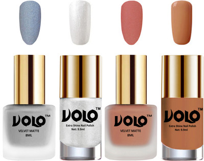 Volo Extra Shine AND Dull Velvet Matte Nail Polish Duo Combo Metallic Silver, Light Peach, Metallic Silver, Nude(Pack of 4)
Volo Extra Shine AND Dull Velvet Matte Nail Polish Duo Combo Metallic Silver, Light Peach, Metallic Silver, Nude(Pack of 4)