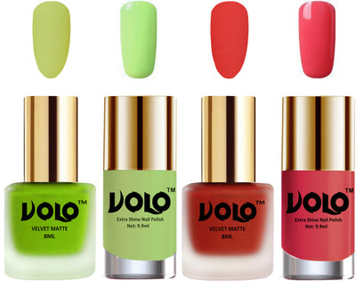 Volo Extra Shine AND Dull Velvet Matte Nail Polish Duo Combo Parrot Green, Coral, Parrot Green, Light Pink(Pack of 4)
Volo Extra Shine AND Dull Velvet Matte Nail Polish Duo Combo Parrot Green, Coral, Parrot Green, Light Pink(Pack of 4)
