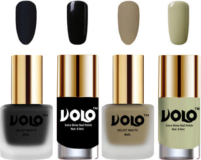 Volo Extra Shine AND Dull Velvet Matte Nail Polish Duo Combo Black, Sand Nude, Black, Mischievous Mint(Pack of 4)
Volo Extra Shine AND Dull Velvet Matte Nail Polish Duo Combo Black, Sand Nude, Black, Mischievous Mint(Pack of 4)