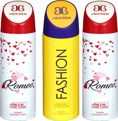 arochem ROMEO -2 & FASHION DYNAMIC DEODORANT BODY SPRAY BODY DEO SPRAY Body Spray - For Men & Women(600 ml, Pack of 3)