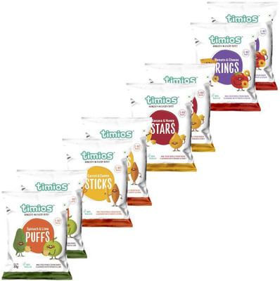 timios 2+ Years - Kids Snack - Mix Flavours Pack Of 8 Combo(Tomato & Cheese Rings-2 nos, each 30gms; Spinach And Lime Puffs-2 nos each 30gms; Carrot and Cumin Sticks- 2 nos, each 30gms; Banana And Honey Stars-2 nos, each 30gms;)
timios 2+ Years - Kids Snack - Mix Flavours Pack Of 8 Combo(Tomato & Cheese Rings-2 nos, each 30gms; Spinach And Lime Puffs-2 nos each 30gms; Carrot and Cumin Sticks- 2 nos, each 30gms; Banana And Honey Stars-2 nos, each 30gms;)